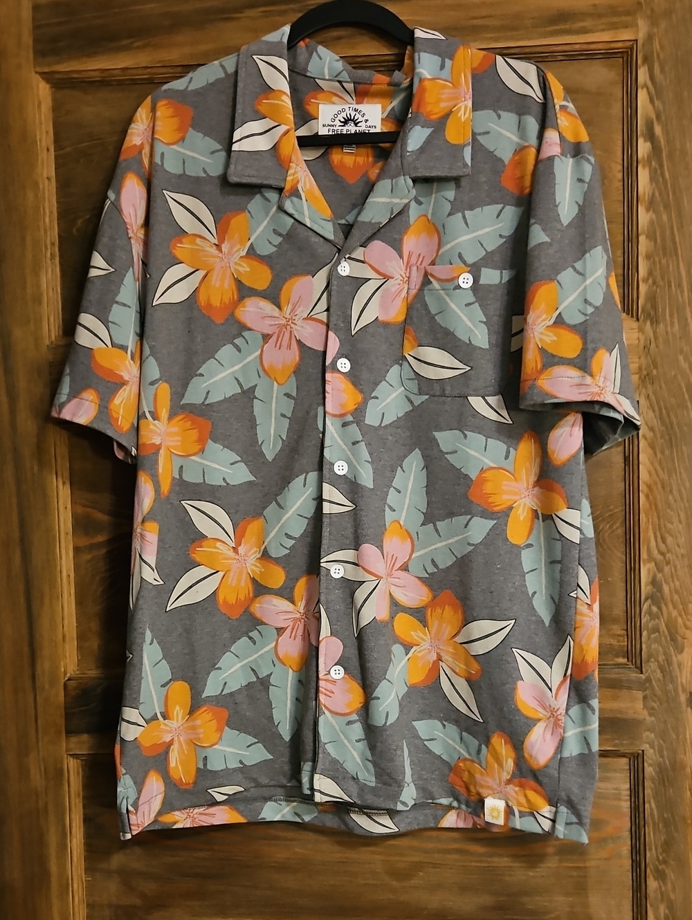 Free Planet Gray Short Sleeve Button-Up Shirt with Orange & Pink Floral Print